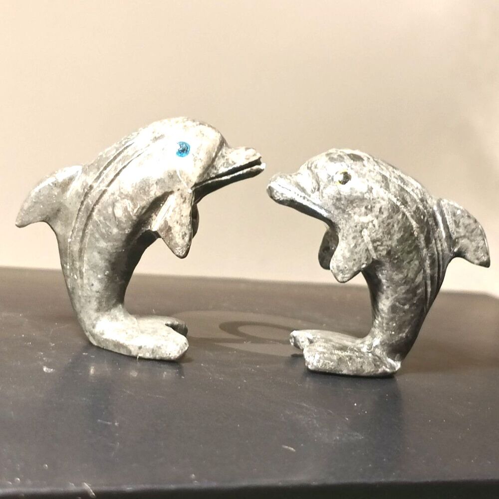 Vintage Peruvian Carved Stone Dolphin Figurines Pair 1.25" Mini